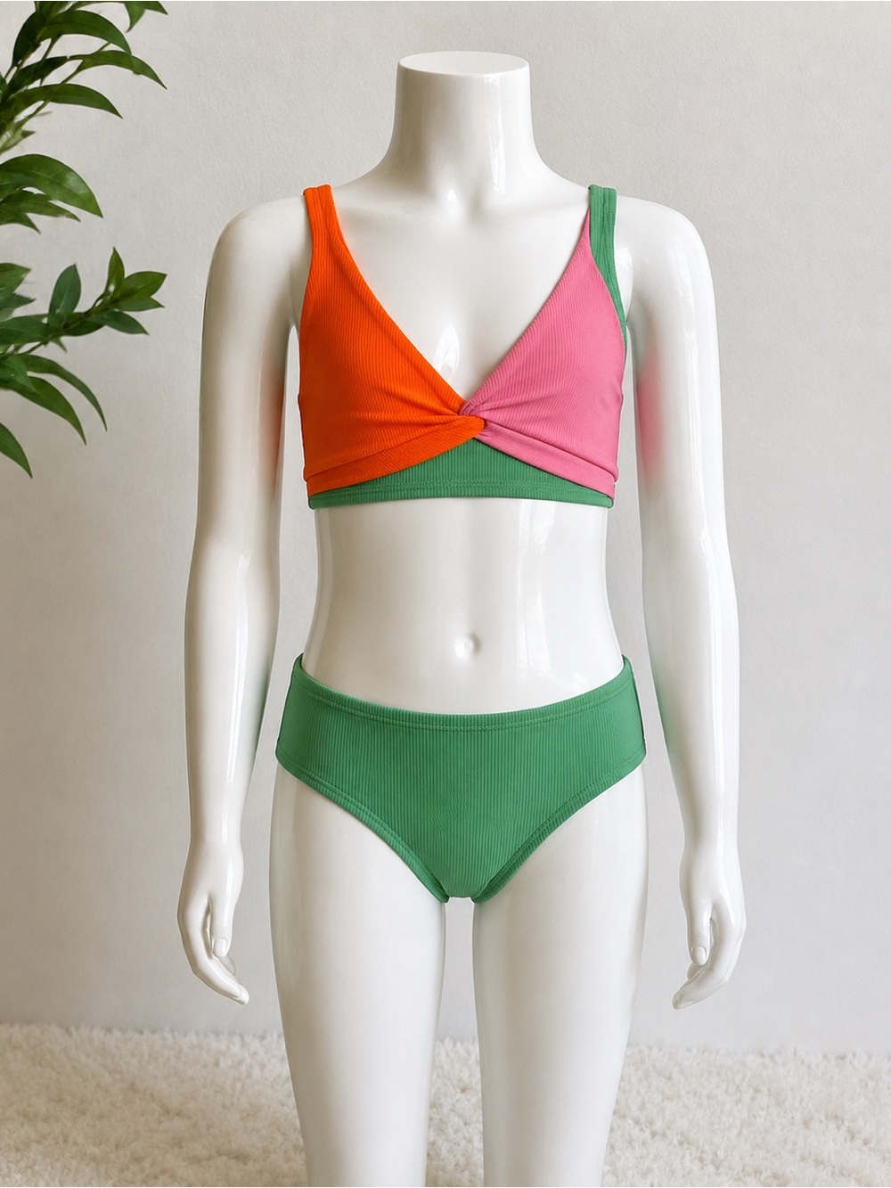 Girls Size 7-8 Two Piece Swimsuit Ribbed Colorblock Bikini Orange Pink Green